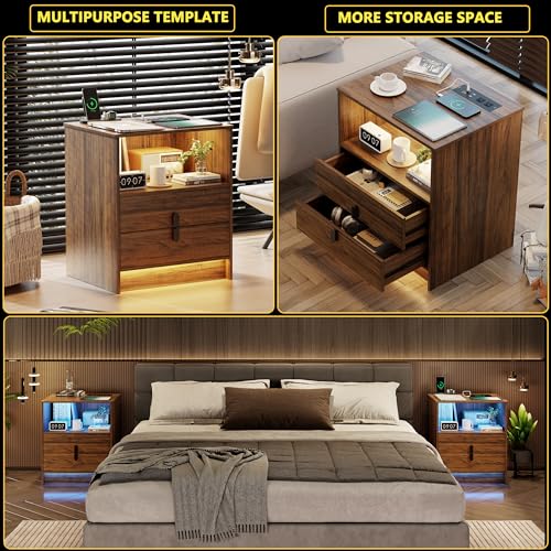 Dystler Nightstand with Charging Station and LED Light Strip, Bedside Tables with 2 Drawers and Open Storage, Modern End Side Table with Human Body Sensor Function for Bedroom, Living Room (Brown)