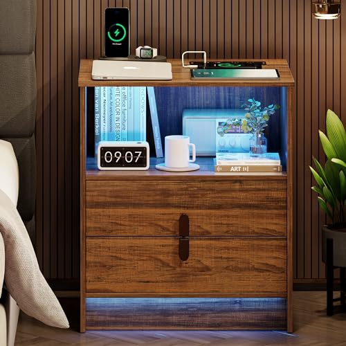 Dystler Nightstand with Charging Station and LED Light Strip, Bedside Tables with 2 Drawers and Open Storage, Modern End Side Table with Human Body Sensor Function for Bedroom, Living Room (Brown)