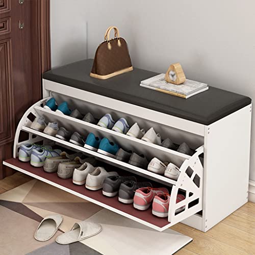 NIZAME Shoes Storage Cabinet with 3 Flip Racks, Tipping Bucket Shoes Organizer with Cushion for Heels, Slippers, Living Room, and Corridor, 39.3″L X 11.8″W X 20″H