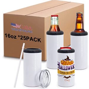 zreggur 25packs 16oz sublimation blank tumblers skinny 4 in 1 can cooler with straw and lid stainless steel insulated can holder,can coozie, works with slim can,standard cans,beer bottles