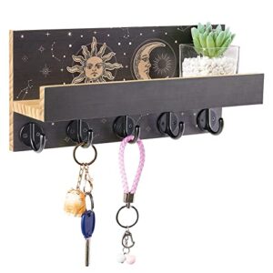 key holder for wall, patterned key hanger for wall with shelf, decorative key and mail holder with 5 key hooks for entryway,black sun moon