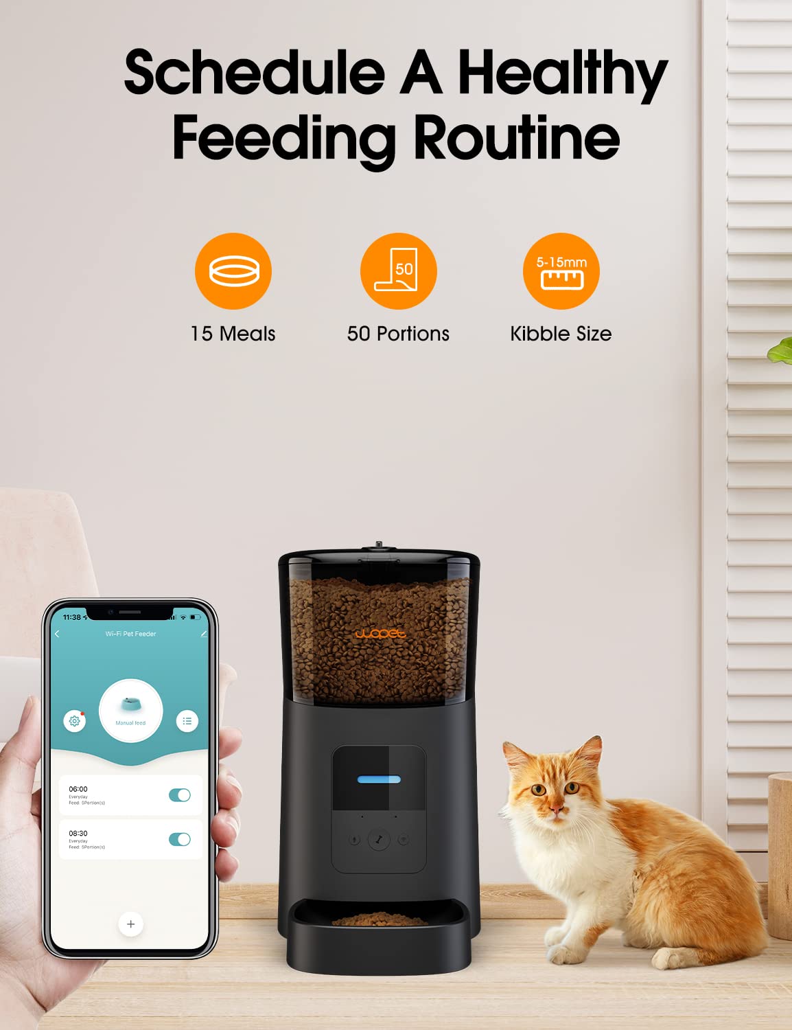 WOPET 6L Automatic Cat Food Dispenser,WiFi Automatic Cat Feeder with APP Control for Remote Feeding,Automatic Dog Feeder with Low Food Sensor and Voice Recorder,Up to 15 Meals per Day