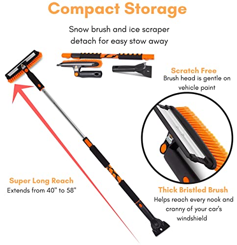 Snow MOOver 58" Extendable Snow Brush with Detachable Ice Scraper for Car | 11" Wide Squeegee & Bristle Head | Size: Truck, Car, SUV, & RV | Lightweight Aluminum Body with Ergonomic Grip