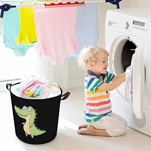 Cute Alligator Round Laundry Hamper Collapsible Waterproof Dirty Clothes Baskets with Handles Washing Bin Storage Bag
