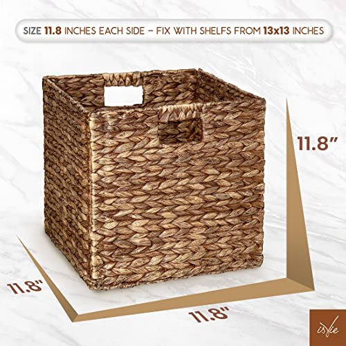 IsVie Woven Hyacinth Storage Baskets 2 Pack, Rectangle Storage Container Organizer Baskets with Built-in Handles Home Organizing Laundry Organizer Cube Baskets (Brown, Set of 2)