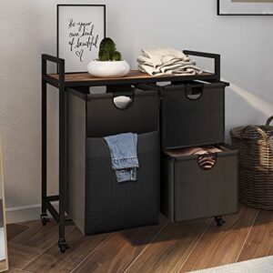 tohomeor laundry sorter with 3 laundry basket rolling laundry hamper cart with wheels sliding pull out and removable laundry basket bags for laundry room bathroom bedroom (rustic brown)