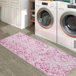 Moroccan Area Rug,2'X 4.3' Washable Pink Runner Rug Distressed Accent Rug Non-Slip Bath Mat Soft Faux Wool Floor Carpet for Kitchen Bedroom Bathroom Living Room