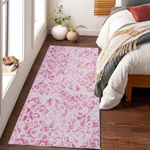 moroccan area rug,2'x 4.3' washable pink runner rug distressed accent rug non-slip bath mat soft faux wool floor carpet for kitchen bedroom bathroom living room