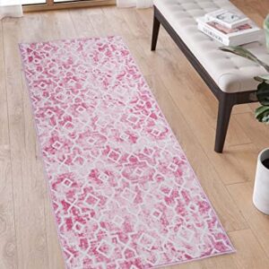 Moroccan Area Rug,2'X 4.3' Washable Pink Runner Rug Distressed Accent Rug Non-Slip Bath Mat Soft Faux Wool Floor Carpet for Kitchen Bedroom Bathroom Living Room