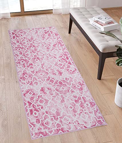 Moroccan Area Rug,2'X 4.3' Washable Pink Runner Rug Distressed Accent Rug Non-Slip Bath Mat Soft Faux Wool Floor Carpet for Kitchen Bedroom Bathroom Living Room