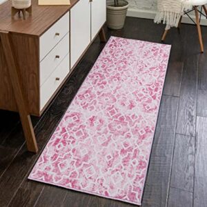 Moroccan Area Rug,2'X 4.3' Washable Pink Runner Rug Distressed Accent Rug Non-Slip Bath Mat Soft Faux Wool Floor Carpet for Kitchen Bedroom Bathroom Living Room