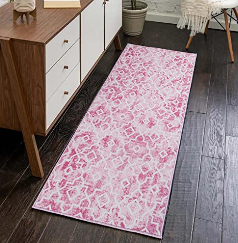 Moroccan Area Rug,2'X 4.3' Washable Pink Runner Rug Distressed Accent Rug Non-Slip Bath Mat Soft Faux Wool Floor Carpet for Kitchen Bedroom Bathroom Living Room