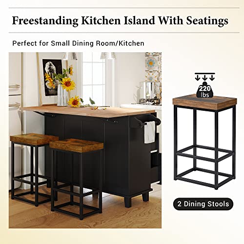 Kitchen Island Set, Rectangular Bar Table with 2 Seatings & Drop Leaf, Dining Table Set with Storage Cabinet & Drawers, Wood Sideboard with Towel Rack for Kitchen Dining Room (Black+Rustic Brown)