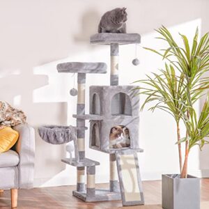 Heybly Cat Tree Cat Tower for Indoor Cats, Multi-Level Cat Furniture Condo with Scratching Board, Light Gray HCT012W