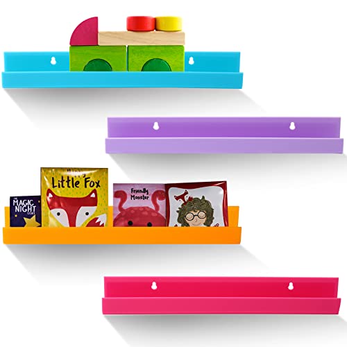 4 Pcs 15" Acrylic Floating Shelves Kids Bookshelf for Wall Mounted Macaron Color Hanging Acrylic Bookcase Display Shelf for Toy Record Vinyl Picture Book Living Room Bedroom Decor Frames