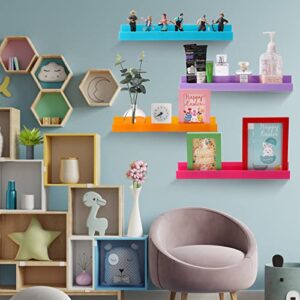 4 Pcs 15" Acrylic Floating Shelves Kids Bookshelf for Wall Mounted Macaron Color Hanging Acrylic Bookcase Display Shelf for Toy Record Vinyl Picture Book Living Room Bedroom Decor Frames