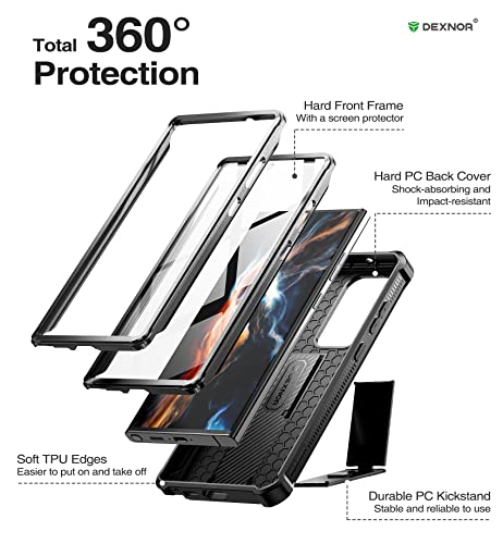 Dexnor Full Body Case for Samsung Galaxy S23 Ultra 5G/6.8 inches, Extra Front Frame Heavy Duty Military Grade Protection Built-in Screen Protector and Kickstand, Black