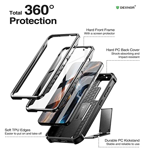 Dexnor Full Body Case for Samsung Galaxy S23 5G/6.1 inches, [Extra Front Frame] Heavy Duty Military Grade Protection Built-in Screen Protector and Kickstand for Galaxy S23 5G,Black
