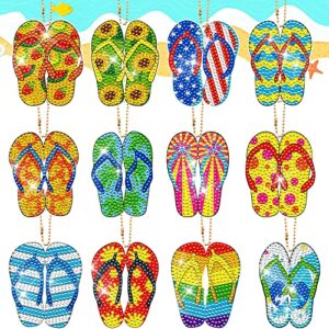 12 pcs flip flop diamond painting keychains 5d diamond art key rings double sided full drill diy ornaments for beginners home decor summer party supplies