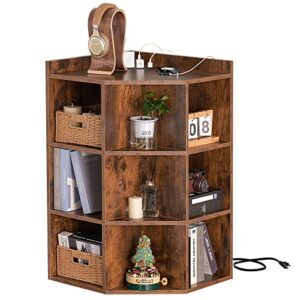 aoxun corner storage cabinet with charging station,usb ports and outlets, triangle corner cube storage for small space, wooden corner cubby bookshelf with 9 cubes for bedroom, living room, brown
