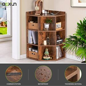 Aoxun Corner Storage Cabinet with Charging Station,USB Ports and Outlets, Triangle Corner Cube Storage for Small Space, Wooden Corner Cubby Bookshelf with 9 Cubes for Bedroom, Living Room, Brown