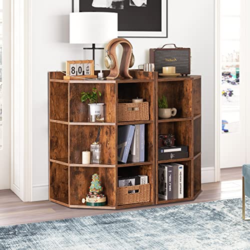 Aoxun Corner Storage Cabinet with Charging Station,USB Ports and Outlets, Triangle Corner Cube Storage for Small Space, Wooden Corner Cubby Bookshelf with 9 Cubes for Bedroom, Living Room, Brown
