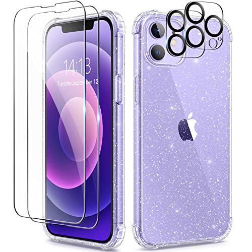 BERFY for iPhone 12 Case and iPhone 12 Pro Case Glitter, with 2X Screen Protector & 2X Camera Protector, [Non-Yellowing] Sparkly Crystal Shockproof Bumper Phone Case for Women Girls 6.1",Glitter Clear