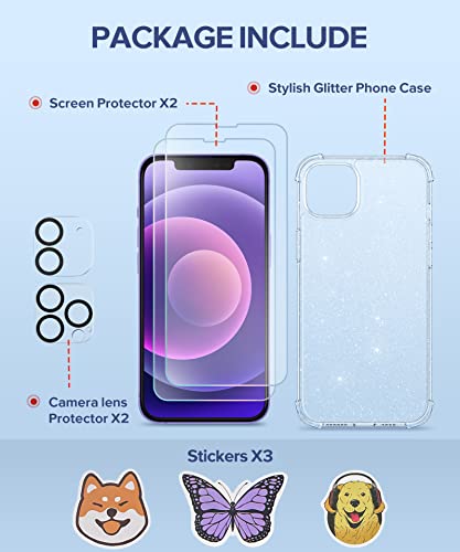 BERFY for iPhone 12 Case and iPhone 12 Pro Case Glitter, with 2X Screen Protector & 2X Camera Protector, [Non-Yellowing] Sparkly Crystal Shockproof Bumper Phone Case for Women Girls 6.1",Glitter Clear