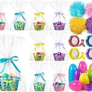 Easter Woven Bamboo Basket with Handles Sets Include Easter Round Basket, Grass Shred, Plastic Fillable Easter Eggs, Colorful Satin Ribbon, Clear Plastic Bag for Easter Party Supplies (8 Pack)