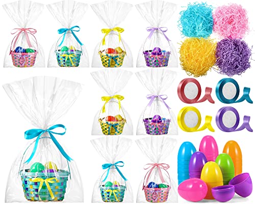 Easter Woven Bamboo Basket with Handles Sets Include Easter Round Basket, Grass Shred, Plastic Fillable Easter Eggs, Colorful Satin Ribbon, Clear Plastic Bag for Easter Party Supplies (8 Pack)