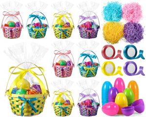 easter woven bamboo basket with handles sets include easter round basket, grass shred, plastic fillable easter eggs, colorful satin ribbon, clear plastic bag for easter party supplies (8 pack)
