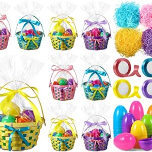 Easter Woven Bamboo Basket with Handles Sets Include Easter Round Basket, Grass Shred, Plastic Fillable Easter Eggs, Colorful Satin Ribbon, Clear Plastic Bag for Easter Party Supplies (8 Pack)