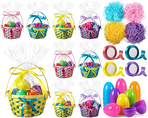 Easter Woven Bamboo Basket with Handles Sets Include Easter Round Basket, Grass Shred, Plastic Fillable Easter Eggs, Colorful Satin Ribbon, Clear Plastic Bag for Easter Party Supplies (8 Pack)