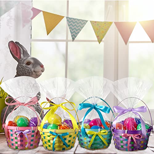 Easter Woven Bamboo Basket with Handles Sets Include Easter Round Basket, Grass Shred, Plastic Fillable Easter Eggs, Colorful Satin Ribbon, Clear Plastic Bag for Easter Party Supplies (8 Pack)