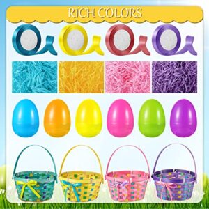 Easter Woven Bamboo Basket with Handles Sets Include Easter Round Basket, Grass Shred, Plastic Fillable Easter Eggs, Colorful Satin Ribbon, Clear Plastic Bag for Easter Party Supplies (8 Pack)