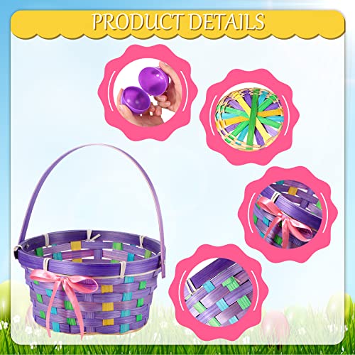 Easter Woven Bamboo Basket with Handles Sets Include Easter Round Basket, Grass Shred, Plastic Fillable Easter Eggs, Colorful Satin Ribbon, Clear Plastic Bag for Easter Party Supplies (8 Pack)