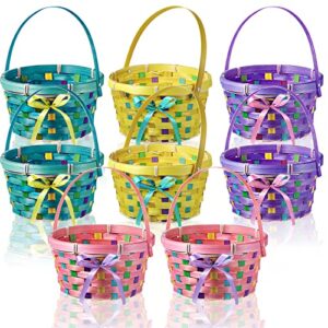 Easter Woven Bamboo Basket with Handles Sets Include Easter Round Basket, Grass Shred, Plastic Fillable Easter Eggs, Colorful Satin Ribbon, Clear Plastic Bag for Easter Party Supplies (8 Pack)