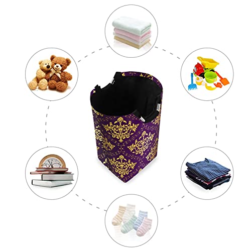 Kigai Golden Purple Flora Laundry Basket Large Collapsible Waterproof Laundry Hamper with Handles Portable Storage Basket Dirty Clothes Toys Organizer for College Dorms, Nursery, Bathroom