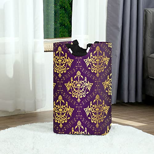 Kigai Golden Purple Flora Laundry Basket Large Collapsible Waterproof Laundry Hamper with Handles Portable Storage Basket Dirty Clothes Toys Organizer for College Dorms, Nursery, Bathroom