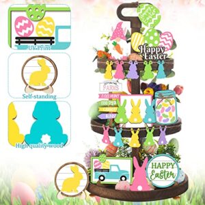 20 Pieces Easter Tiered Tray Decor Easter Decorations Rustic Easter Decor Gnome Bunny Rabbits Eggs Wooden Spring Sign Decorative Trays Signs for Home Table Office Kitchen Farmhouse Party Tabletop