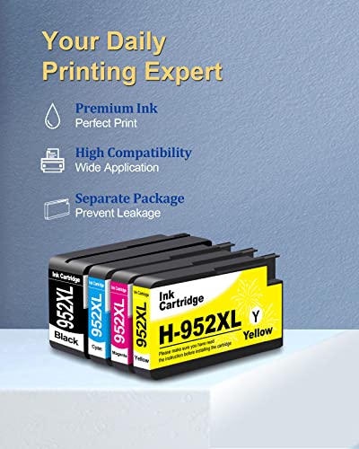 Remanufactured Ink Cartridges Replacement for HP 952 XL 952XL (Black Cyan Magenta Yellow 4-Pack) with No Block Version Chips