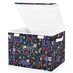 DOMIKING Cats Skulls Day Of The Dead Collapsible Rectangular Storage Bins with Lids Decorative Lidded Basket for Toys Organizers Fabric Storage Boxes with Handles for Home Clothes and Books