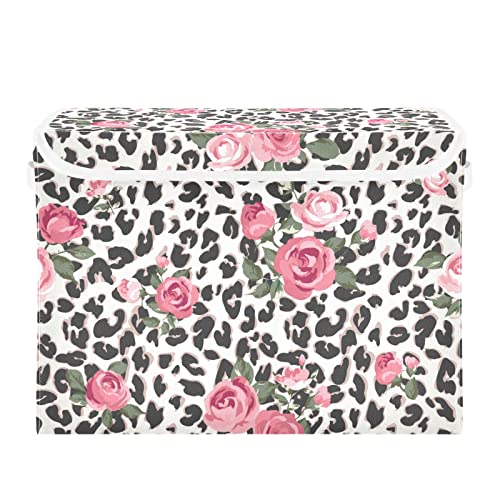 DOMIKING Cute Rose Leopard Collapsible Rectangular Storage Bins with Lids Decorative Lidded Basket for Toys Organizers Fabric Storage Boxes with Handles for Toys Clothes Organizing Room Nursery