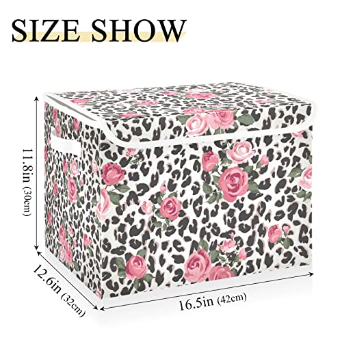 DOMIKING Cute Rose Leopard Collapsible Rectangular Storage Bins with Lids Decorative Lidded Basket for Toys Organizers Fabric Storage Boxes with Handles for Toys Clothes Organizing Room Nursery