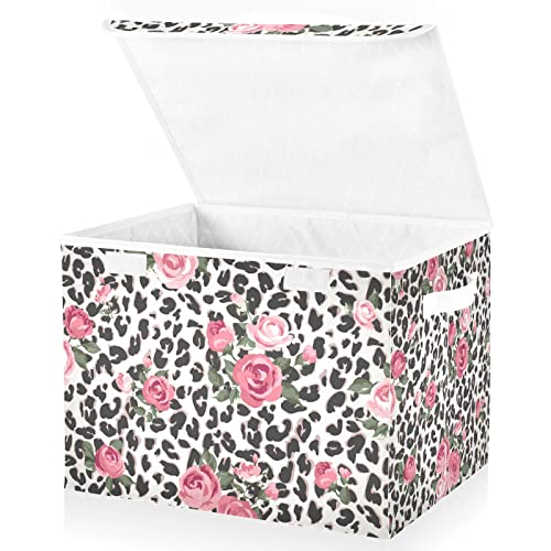 DOMIKING Cute Rose Leopard Collapsible Rectangular Storage Bins with Lids Decorative Lidded Basket for Toys Organizers Fabric Storage Boxes with Handles for Toys Clothes Organizing Room Nursery