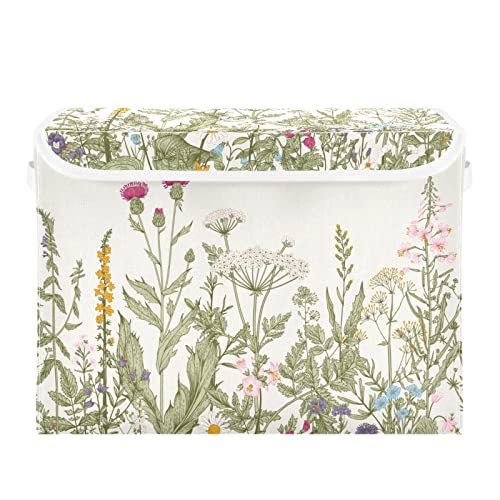 Wild Flowers Collapsible Rectangular Storage Bins with Lids Decorative Lidded Basket for Toys Organizers Fabric Storage Boxes with Handles for Home Clothes and Books