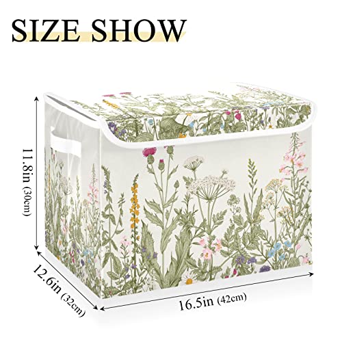 Wild Flowers Collapsible Rectangular Storage Bins with Lids Decorative Lidded Basket for Toys Organizers Fabric Storage Boxes with Handles for Home Clothes and Books