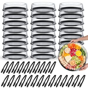 24 sets 16 inch catering trays with lids plastic serving trays with 24 lids and 24 plastic serving tongs disposable stackable trays black round catering trays for party picnic appetizers takeout food