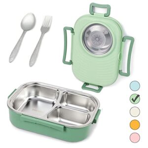 puraville stainless steel bento lunch box for kids and adults,stackable bpa-free food containers with 3 compartments and reusable sauce bowl, fork and spoon, (1000ml/34oz,green)