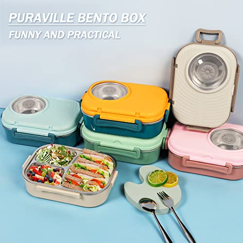 Puraville Stainless Steel Bento Lunch Box for Kids and Adults,Stackable BPA-Free Food Containers with 3 Compartments and Reusable Sauce Bowl, Fork and Spoon, (1000ml/34oz,Green)